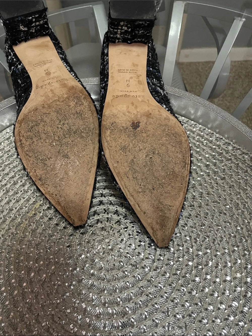 kate spade Black & Navy Tweed with Silver Pointed Toe Block Heels Size 9